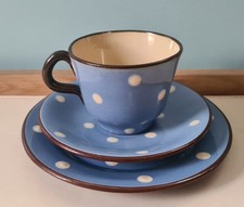 Vintage ceramic trio Torquay Pottery Ware blue white polka dot Cup Saucer plate
