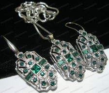 Art Deco Vtg Style Geometric Emerald Green Crystal Drop Earrings Necklace Set