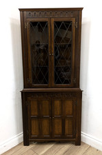 CORNER CABINET Jaycee Oak Display Glass Leaded Door Double Door Cupboard