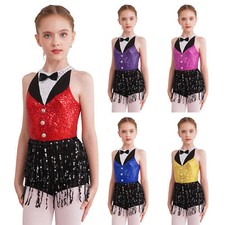 Kids Girls Latin Tuxedo Dance Dress Costume Sequin Tassel Jumpsuit Samba UK