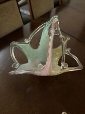 Murano Green Purple Stretched Glass Basket w/Handle Bowl Paper Label u-11B