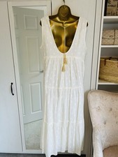 Zara Cream Cotton Embroidered Tassel Midi Dress Size L UK 12-16 