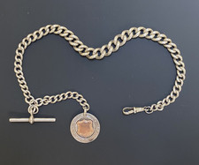 ANTIQUE VINTAGE HEAVY SOLID SILVER POCKET WATCH ALBERT CHAIN & FOB. 65.79 GRAMS.