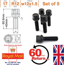5 x Alloy wheel bolts lugs nuts. M12 x 1.5 Radius Seat 40mm Thread Length Black