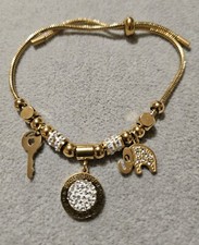 Beautiful Turkish Design Gold Plated Elephant Key Crystal Charm Toggle Bracelet 