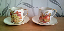 Set 2 Crown Devon Fieldings Fruit Design Gold Rim Coffee/Tea,Mugs/Cups + Saucers
