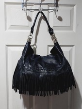 B. Makowsky Pebbled Genuine Leather Fringe Hobo Boho bag Handbag Cowgirl Blk