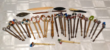 Antique Vintage Wooden & Bone Lace Making Bobbins glass bead spangles & tools