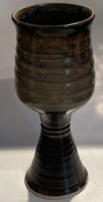 Vintage Art Pottery Large Wine Goblet Cup Glass Green Brown Drip Glaze
