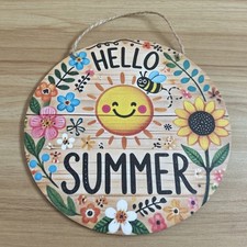 20 X 20cm Beautiful Hello Summer Smilie Sun & Flower Design Wooden Sign Gift