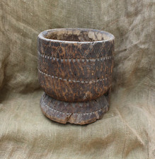Antique Primitive Wooden Mortar Pot Bowl Decorative African Plant Stand Rustic