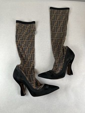 Fendi Black/Beige Zucca Mesh And Fabric Colibri Knee Length Boots Size 40
