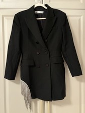 Zara Double Breasted Blazer Dress Black Diamanté Fringe Detail Size Large