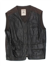 VINTAGE Mens Leather Gilet UK 38 Medium Black Leather CU05