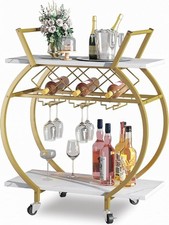 2-Tier Cart Gold Marble Wine Rack Glass Holders Rolling Serving Trolley  AUCTION