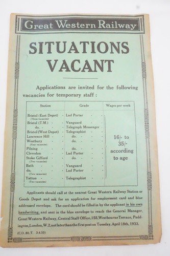 1933 situations vacant - 1933, gwr