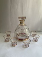 Vintage French Gold and Cranberry Decanter Set with Six Shot Glasses
