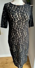 David Emanuel Black Lacey Bodycon Dress Flesh Coloured Lining Size 14