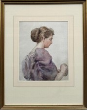 Edith Lister (1859–1950) : "Lady Playing Cards", watercolour