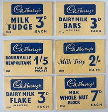 6 CADBURY'S CHOCOLATE Shop Display Cards FUDGE BOURNVILLE NEAPOLITANS MILK TRAY