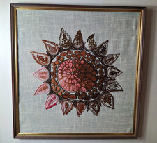 Fab Vintage Retro Textile Duck Egg Pink Wall Art Embroidery Crewel Penelope 70s