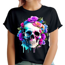 Colorful Flower Skull Slogan Rocker Biker Skeleton Womens T-Shirts Tee Top #6ED