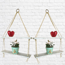 Hanging Rope Shelves Shabby Chic Rustic Handmade Wood Floating Wall Shelf Double