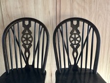 Pair of Vintage Beech Windsor Wheelback Dining Chairs — Dark Finish, Ercol Style