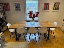 BESPOKE HANDMADE RUSTIC DINING TABLE, reclaimed wood, dark steel base, seats 8pp
