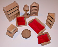 RETRO WOODEN DOLLS HOUSE LIVING ROOM FURNITURE SET - 10 ITEMS - SOFA CHAIRS etc.