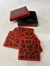 Red Floral Coaster Set Gift Present Box Vintage Kashmir Boho Hippie Handmade