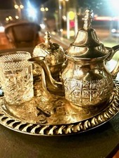 Handmade Moroccan Tea Set With Silver Teapot ,Sugar Bowl And Tray