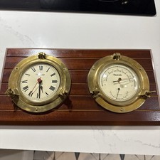 Nauticalia Brass Cabin Clock & Barometer On A Mahogany Wooden Base New Battery