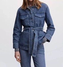 Mango Hip Length Trendy Blue Denim Jacket With Belt & Pockets Size XS Brand New