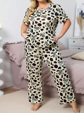 PYJAMA SET PLUS 20 22  IVORY CHERRY COW PRINT STRETCH LOUNGEWEAR COMFORT