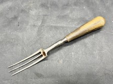 VINTAGE THREE PRONG STEEL CARVING FORK WITH WOOD HANDLE KITCHEN