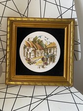 Staffordshire Enamel Framed Wall Plaque House black backing gold frame vintage