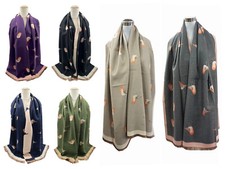 Women Winter Scarf Reversible Robin Embroidered Print Thick Long Blanket Wrap