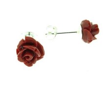 Silver and red coral roses stud earrings