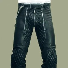 Men's Real Black Cowhide Leather Pant Quilted Bluf Biker Pants, Jeans, Trousers
