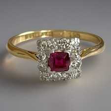 18CT GOLD RUBY DIAMOND RING 2.86G ANTIQUE ART DECO SQUARE CLUSTER  SIZE N US 7