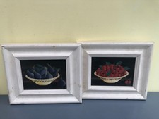 2 X VINTAGE FRAMED MARTIN WISCOMBE STILL LIFE FOLK ART FRUIT PRINTS ON BOARD