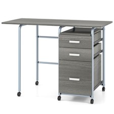Foldable Computer Desk with Drawers 6 Lockable Wheels Space Saving Table Grey