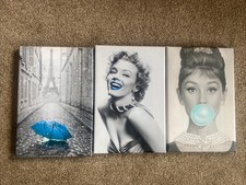 Set Of 3 30x20cm Canvas Prints - Greyscale With Blue