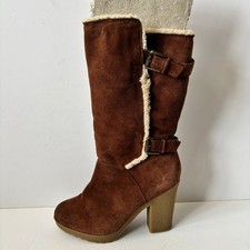 Nine West Suede Boots Mid Calf Tan Brown Fleece Lined & Trim Size 8 W UK 6 VGC