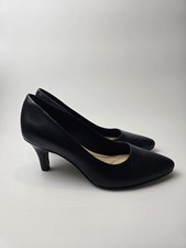 Clarks Navy Blue Leather Court Shoes Mid Kitten Heels Size 4.5 E Wide Fit