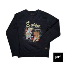 EVISU Sweatshirt Embroidered Foo Dog & Tiger Japanese Streetwear Black Size S/M