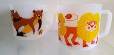 Vintage Milk Glass Mug Cup Animal Design Lion Otter Stackable VGC