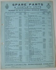 Morris 16 18 21 25  1936 Series 2 Lucas CAV Rotax Spare Parts List No. CE 227A