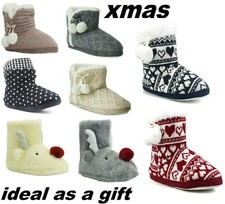 Womens Ladies Slippers Ankle Fairisle Pom Pom Boots Winter Warm Fur Booties Size